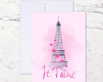 Eiffel Tower Valentines Day Card, Je T'aime Paris Greeting Cards, Personalized