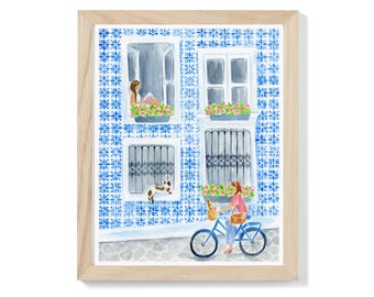 Lisbon Portugal Watercolor Art Print: Whimsical Europe City Scene