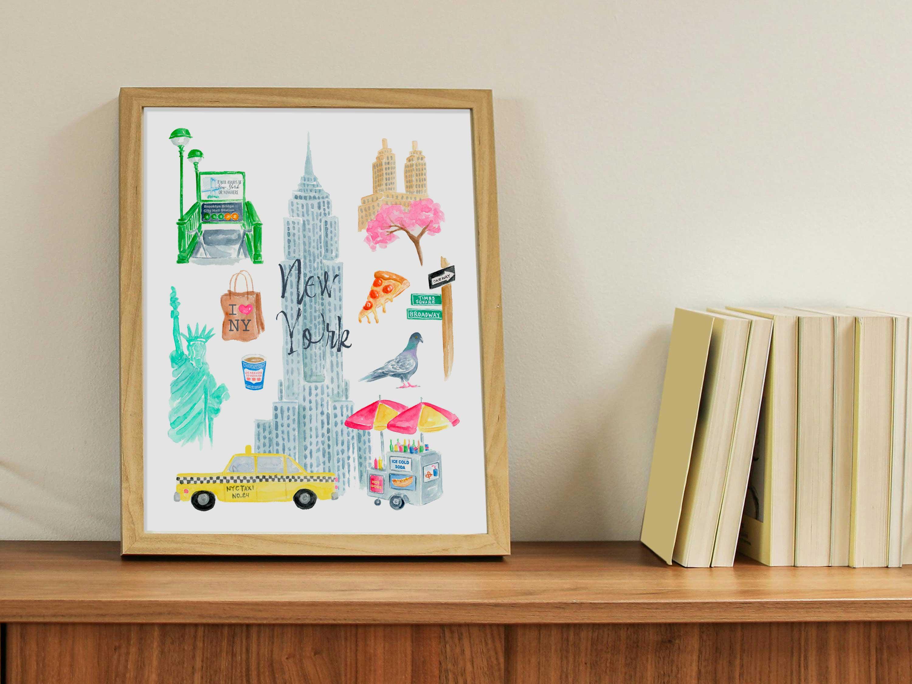 New York City Wall Art, Colorful NYC Watercolor Icons Art Print - Etsy