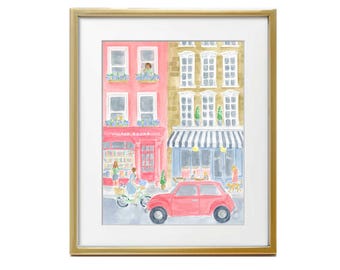 Colorful Cityscape Watercolor Art Print: Whimsical Bookshop & Cafe
