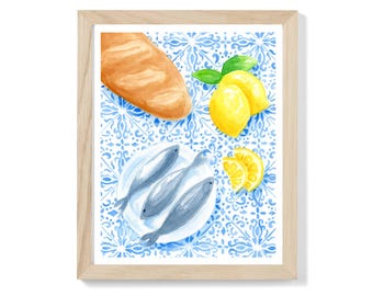 Sardines Watercolor Art Print, Mediterranean wall art, Kitchen Decor