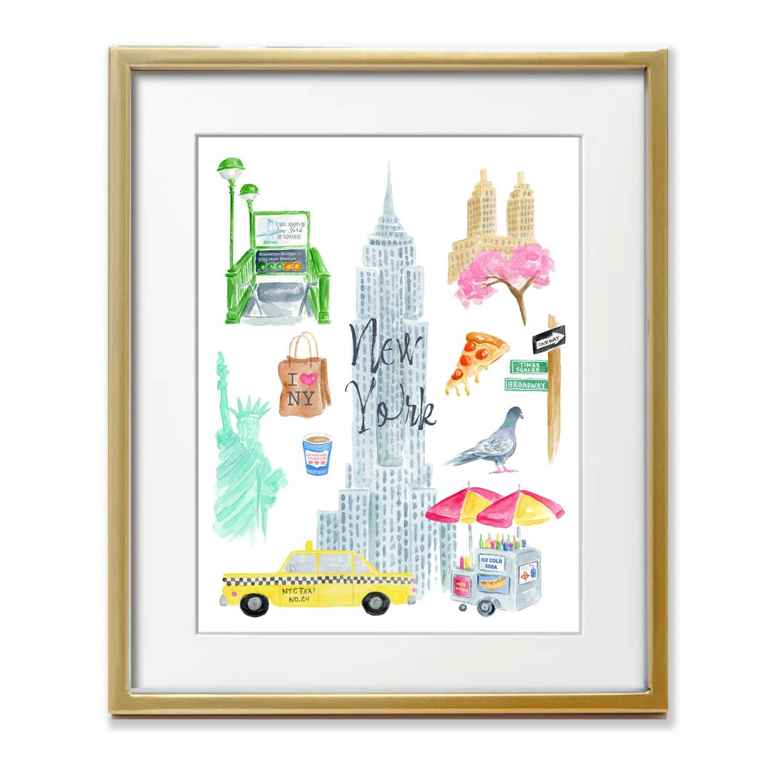 New York City Wall Art, Colorful NYC Watercolor Icons Art Print - Etsy
