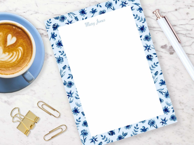 Personalized Floral Notepad, Watercolor Notepad, Bridesmaids Gift, Custom Stationery, Blue Floral Writing Pad, Personalized Gift image 2