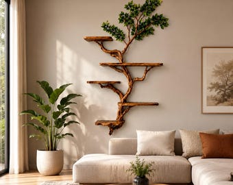 Tree Branch Wall Shelf, Handmade Wooden Tree Bookshelf, Rustic Floating Shelves, Nature Inspired Wall Decor, Living Room & Bedroom Storage S