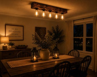 Rustic Wooden Ceiling Light, 5-Light Industrial Vanity Light, Farmhouse Bathroom Light Fixture, Burnt Wood Wall Lamp, Edison Lighting
