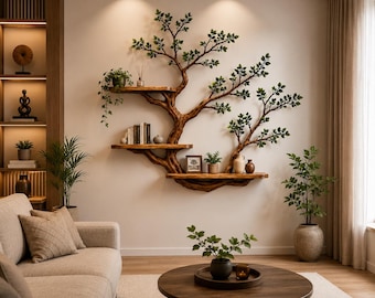Mensola a muro galleggiante a forma di ramo d'albero, decorazione murale in legno ispirata alla natura, libreria rustica a forma di albero, mensole a muro fatte a mano, contenitore per soggiorno