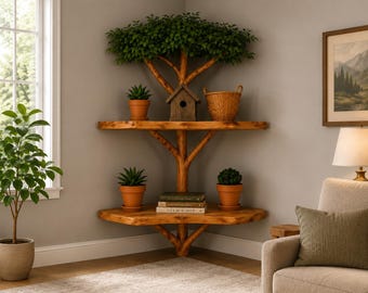 Tree Bookshelf Wall Shelf, Floating Tree Shelf, Rustic Wooden Bookcase, Corner Wall Decor, Nursery Bookshelf, Plant Display Shelf
