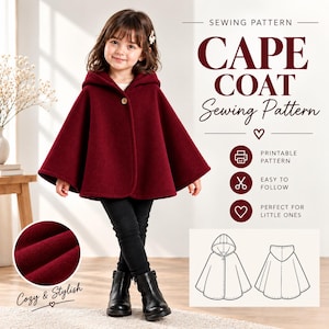 May include: A sewing pattern for a hooded cape coat in a deep burgundy color. The design features a single button closure at the neck and a flared silhouette. The document includes text reading SEWING PATTERN CAPE COAT, PRINTABLE PATTERN, EASY TO FOLLOW, and a line drawing of the garment front and back.