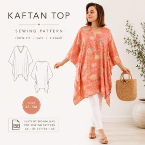 May include: A kaftan top sewing pattern featuring a loose-fit design in a coral-orange fabric with a subtle floral print. The image displays the text KAFTAN TOP SEWING PATTERN, SIZES XS-5XL, and INSTANT DOWNLOAD PDF SEWING PATTERN A4 / US LETTER / A0.
