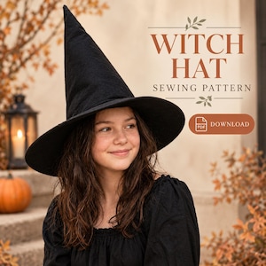 May include: A black pointed witch hat with a wide brim. The text on the image reads WITCH HAT SEWING PATTERN and DOWNLOAD. The hat features a tall, conical crown and a circular brim, presented as a digital sewing pattern for crafting.