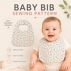 Op de afbeelding: Een naaipatroon voor een slabbetje met de tekst BABY BIB SEWING PATTERN, EASY BEGINNER FRIENDLY, SIMPLE STEPS, EASY TO SEW en MADE WITH LOVE. Het slabbetje heeft een kleurrijk stippenpatroon met rode, blauwe, gele en groene stippen.