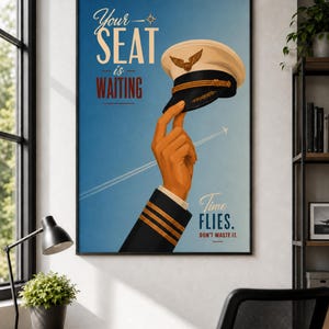 Pode incluir: Um cartaz emoldurado com a m&atilde;o de um piloto segurando um quepe de capit&atilde;o branco e preto contra um fundo de c&eacute;u azul. O texto diz Your SEAT is WAITING e Time FLIES. DON'T WASTE IT. Um pequeno avi&atilde;o com rastro &eacute; vis&iacute;vel.