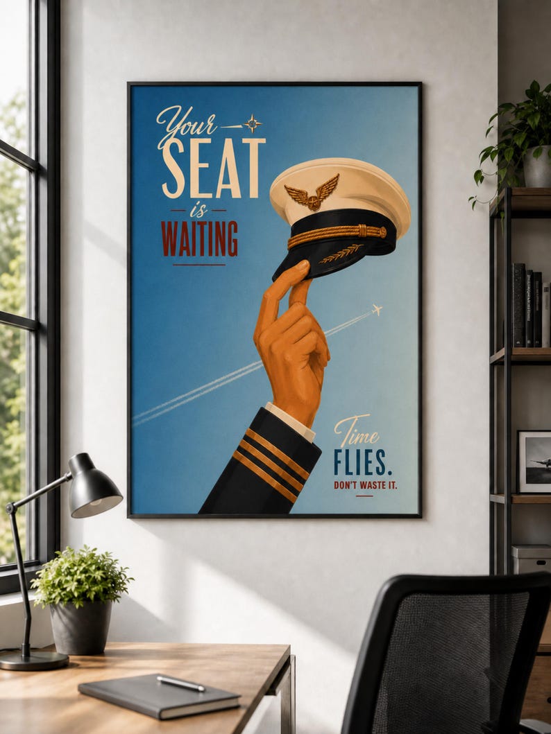 Pode incluir: Um cartaz emoldurado com a m&atilde;o de um piloto segurando um quepe de capit&atilde;o branco e preto contra um fundo de c&eacute;u azul. O texto diz Your SEAT is WAITING e Time FLIES. DON'T WASTE IT. Um pequeno avi&atilde;o com rastro &eacute; vis&iacute;vel.