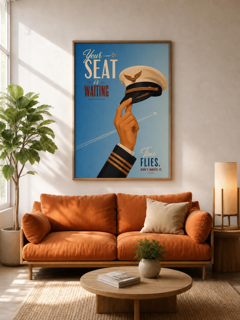 Pode incluir: Um cartaz de parede emoldurado com fundo azul degrad&ecirc;, apresentando uma m&atilde;o em uniforme de piloto segurando um quepe de capit&atilde;o branco. O texto diz: Your SEAT is WAITING, Time FLIES. DON'T WASTE IT. Uma silhueta de avi&atilde;o deixa um rastro branco.
