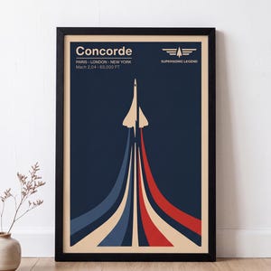 Könnte beinhalten: Ein gerahmtes Poster mit der stilisierten weißen Silhouette eines Concorde-Flugzeugs vor dunkelblauem Hintergrund. Unter dem Flugzeug befinden sich rote, weiße und blaue Abgasstrahlen. Der Text lautet: Concorde, PARIS LONDON NEW YORK, Mach 2,04 - 60.000 FT, SUPERSONIC LEGEND.
