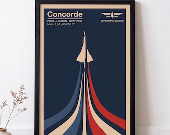 Pode incluir: Um cartaz emoldurado com a silhueta branca estilizada de um avião Concorde sobre um fundo azul escuro. Abaixo do avião, há rastros de escape vermelhos, brancos e azuis. O texto diz: Concorde, PARIS LONDON NEW YORK, Mach 2,04 - 60.000 FT, SUPERSONIC LEGEND.