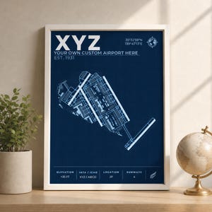Può includere: Un poster incorniciato in stile cianografia con sfondo blu scuro e un layout aeroportuale tecnico bianco. Il testo riporta XYZ, YOUR OWN CUSTOM AIRPORT HERE, EST. 1931, insieme a coordinate, elevazione di +35 FT, codici IATA/ICAO e dati piste.