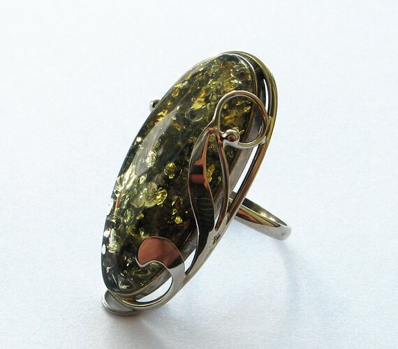 Natural Baltic green amber ring. Etsy
