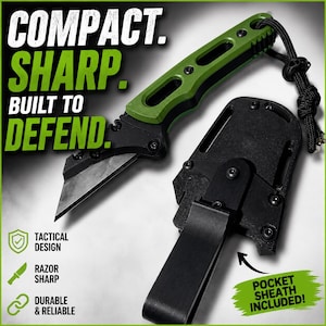 May include: A fixed-blade knife with a green handle and black accents, featuring a black blade and a black pocket sheath. The text reads: COMPACT. SHARP. BUILT TO DEFEND. TACTICAL DESIGN, RAZOR SHARP, DURABLE & RELIABLE, and POCKET SHEATH INCLUDED!