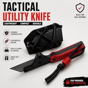 May include: A tactical utility knife with a black blade and a red and black textured handle, accompanied by a black sheath laced with black cord. The image includes text: TACTICAL UTILITY KNIFE, BUILT FOR SELF DEFENSE, DURABLE CONSTRUCTION, LIGHTWEIGHT DESIGN, EASY TO CARRY & CONCEAL, GREAT GIFT IDEA, STAY PREPARED. STAY PROTECTED.