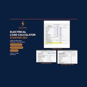 May include: An Electrical Load Calculator Starter Set by MSP Tools featuring three NEC-compliant Excel calculators. The set includes 1-phase, 3-phase, and multi-family load calculation spreadsheets with guided dropdowns, auto-calculating math, and PDF export.