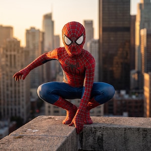 May include: A full-body red and blue superhero costume featuring a black spider emblem on the chest and a web pattern across the red sections. The suit includes a matching full-head mask with large white eye lenses, worn in a crouching position.