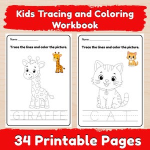May include: A kids tracing and coloring workbook with 34 printable pages. Two white pages feature black outlines of a giraffe and a cat with dotted lines for tracing, the text Trace the lines and color the picture, and name fields.