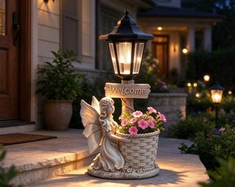 Solar Angel Garden Statue with Lantern, Resin Outdoor Light, Decorative Planter Accent for Patio