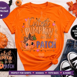 May include: An orange t-shirt featuring a graphic of a smiling pumpkin with a leopard print bow. The text reads Cutest PUMPKIN in the PATCH. The design includes small pink hearts, stars, and decorative swirls. The shirt is displayed flat.