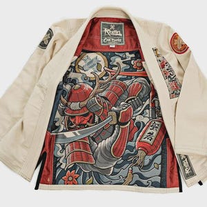 May include: A beige martial arts gi featuring a vibrant interior lining with a detailed graphic of a samurai in red armor holding a sword. The design includes stylized clouds, a lantern, and floral elements. The brand label reads Realm On-Mats.
