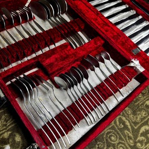 May include: A flatware set arranged in a red velvet-lined case. The collection includes stainless steel forks, spoons, and knives with black handles. The utensils are organized in dedicated slots within the case, which features a metal latch closure.
