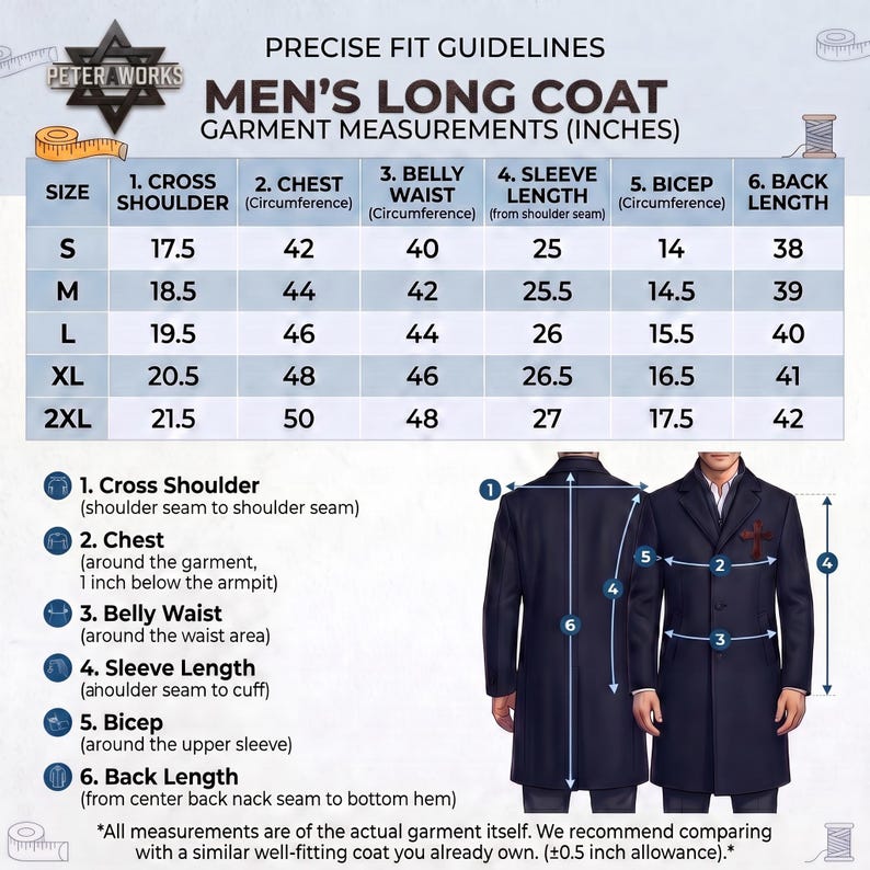 May include: A size chart for a long coat titled PRECISE FIT GUIDELINES MEN'S LONG COAT GARMENT MEASUREMENTS (INCHES). It includes a table with sizes S to 2XL and six measurement categories, plus an illustration of a coat with numbered indicators.