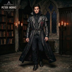 May include: A long black leather trench coat featuring a high collar, a belted waist, and a red cross emblem on the chest. The coat is worn over a dark vest, a cravat, and black trousers. The interior lining displays a dark patterned design.