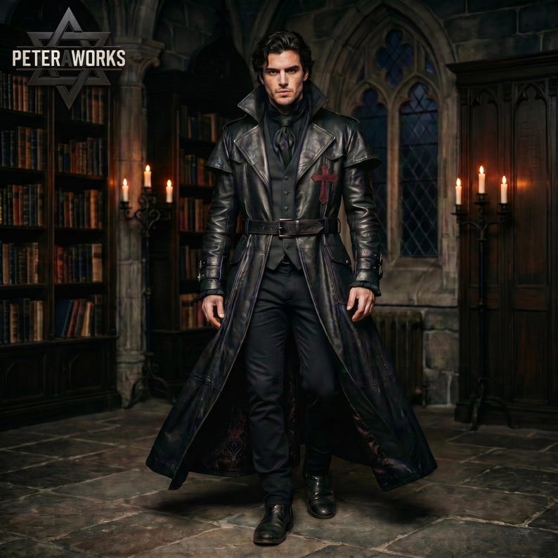 May include: A long black leather trench coat featuring a high collar, a belted waist, and a red cross emblem on the chest. The coat is worn over a dark vest, a cravat, and black trousers. The interior lining displays a dark patterned design.
