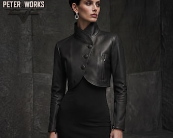 Handmade Women's Black Leather Jacket | Cropped Moto Biker Jacket |  Asymmetrical Motorcycle Coat