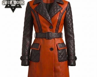 Handmade Women's Leather Trench Coat | Genuine Leather Orange Quilted Jacket