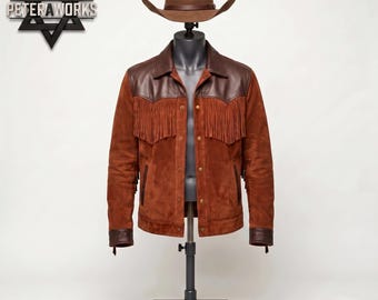 Handmade Brown Suede Fringe Jacket | Western Cowboy Style (Set with Hat)