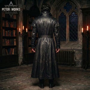 May include: A long black leather trench coat featuring a structured collar, a belted waist, and long sleeves with buckled cuffs. The coat has a flared skirt design that reaches below the knees, showcasing a smooth texture and visible seam detailing.