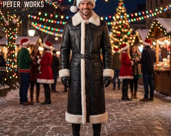 Men's Black Leather Santa Coat | White Faux Fur Trim, Christmas Cosplay Outfit