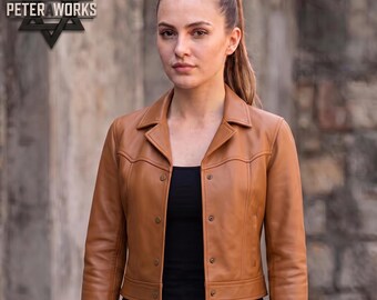 Handmade Brown Leather Jacket | Cropped Western Cowgirl Style | Genuine Leather Moto Biker