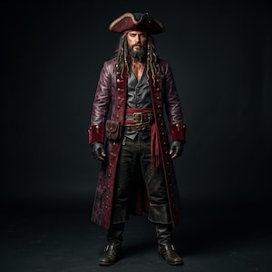 Pode incluir: Um traje de pirata composto por um casaco comprido de textura vermelho-escura com punhos de veludo, um colete preto, calças escuras e um chapéu de três pontas a condizer. O conjunto inclui um cinto de couro castanho com bolsa, luvas sem dedos e botas de couro escuro.