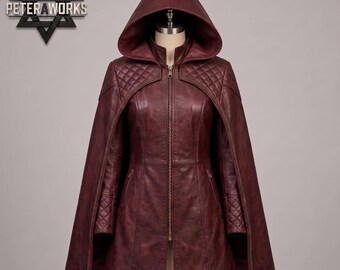バーガンディレザーのフード付きケープコート｜ゴシック中世ファンタジーLARPコスチューム