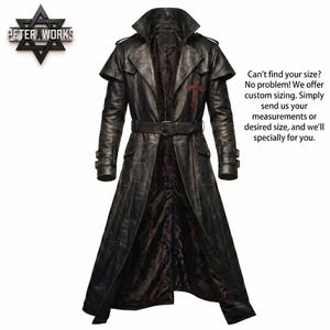 May include: A dark brown leather trench coat featuring a wide collar, a belted waist, and a red cross emblem on the left chest. The coat has long sleeves with buckled cuffs and a dark patterned interior lining. Text on the image reads: PETER WORKS. Can't find your size? No problem! We offer custom sizing. Simply send us your measurements or desired size, and we'll specially for you.