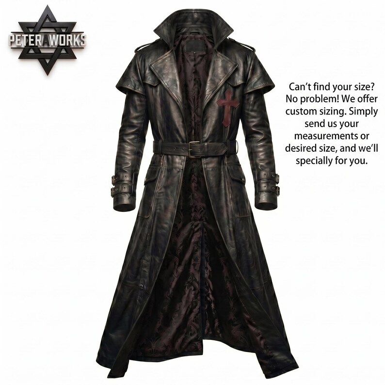 May include: A dark brown leather trench coat featuring a wide collar, a belted waist, and a red cross emblem on the left chest. The coat has long sleeves with buckled cuffs and a dark patterned interior lining. Text on the image reads: PETER WORKS. Can't find your size? No problem! We offer custom sizing. Simply send us your measurements or desired size, and we'll specially for you.