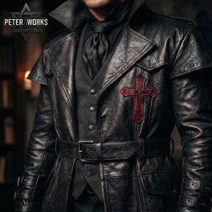 May include: A dark distressed leather trench coat featuring a prominent deep red cross patch on the left chest, a matching leather belt with a metal buckle, and a dark vest underneath. The text PETER A WORKS is visible in the upper left corner.