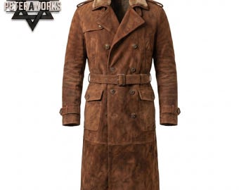 Handmade Brown Suede Leather Trench Coat  | Viking Winter Coat
