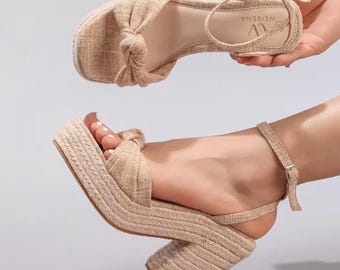 Beige Hemp Bow Knot Platform Sandals – Chunky Heel Espadrille Summer Slides