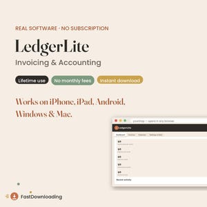 Op de afbeelding: LedgerLite facturatie- en boekhoudsoftware met tekst zoals Real Software, No Subscription, Lifetime use, No monthly fees, Instant download en Works on iPhone, iPad, Android, Windows and Mac, met een browser-interface.