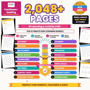 2000+ Kids Learning Pages MEGA Bundle PLR Mrr | Alphabet Tracing Math Mazes Word Search Sudoku Coloring Flashcards | Resell Rights PDF