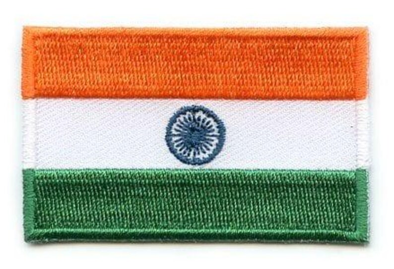 India flag patch with saffron, white, green stripes, and blue Ashoka Chakra emblem; size 6.5 x 4 cm.